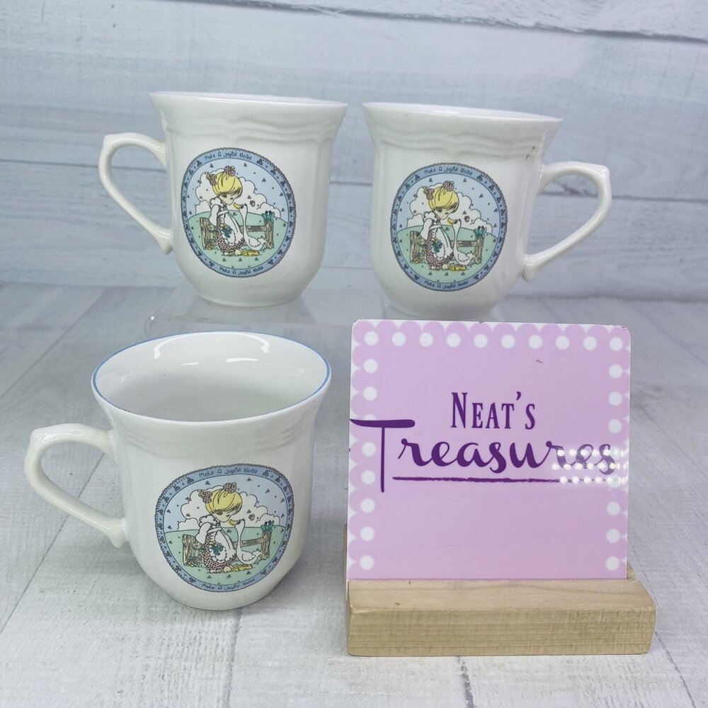 1992 Precious Moments MAKE A JOYFUL NOISE Girl Duck Ceramic 8oz Cups Mugs  Set 3